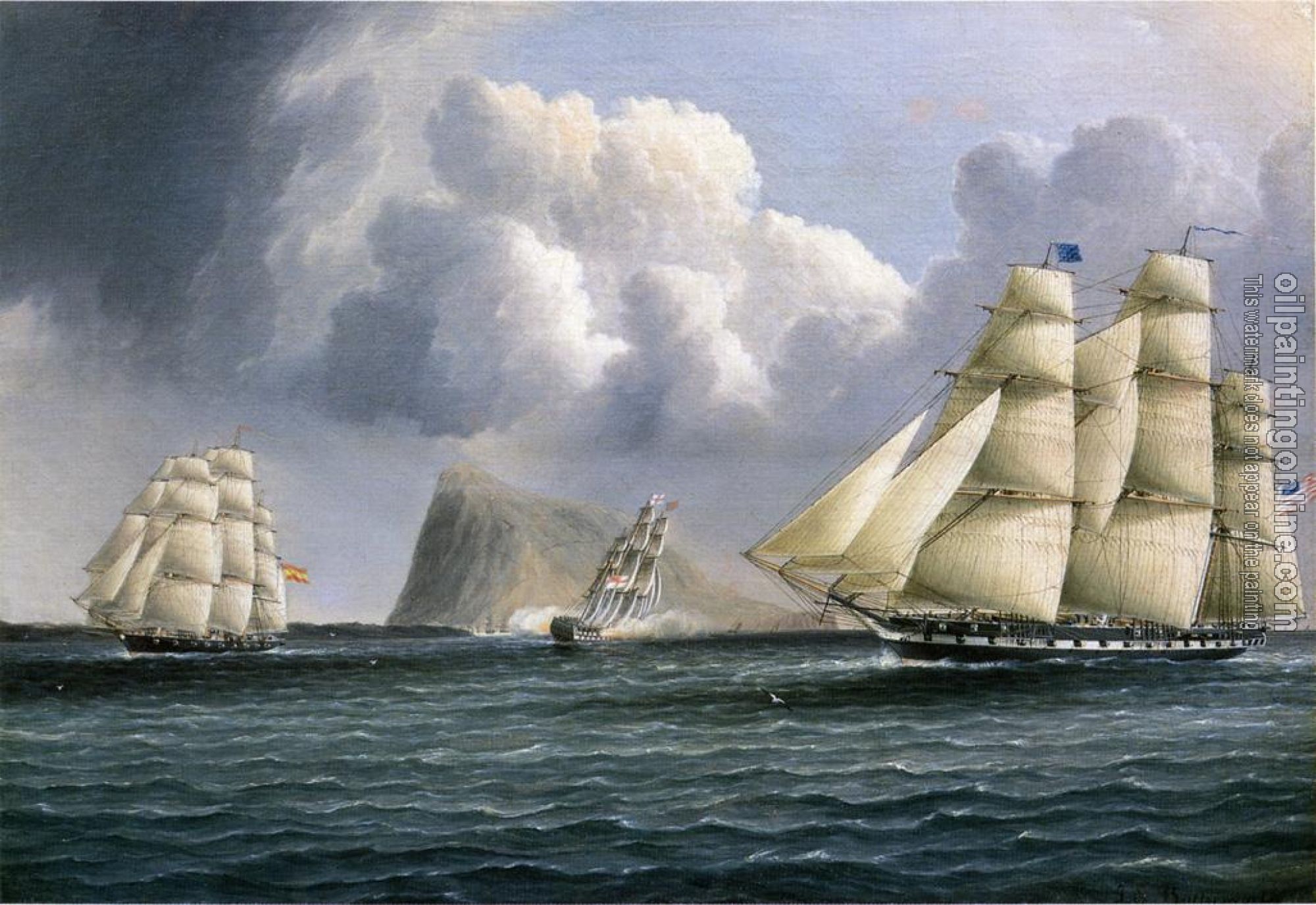 James E Buttersworth - American Frigate off Gibralter Flying a Commodore's Pennant